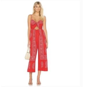 Free People Feel The Sun Red Bandana Print Linen Sleeveless Jumpsuit